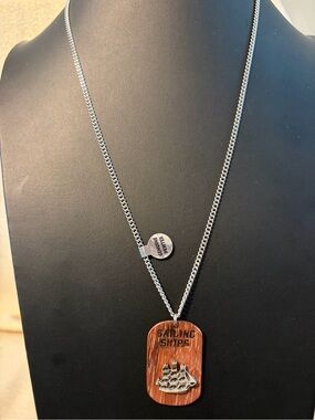 Men's Silver Chain Necklace with Wooden 'Sailing Ships' Pendant